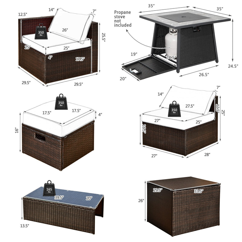 *9 Pieces Patio PE Wicker Sectional Set with 50000 BTU Fire Pit Table - Off White
