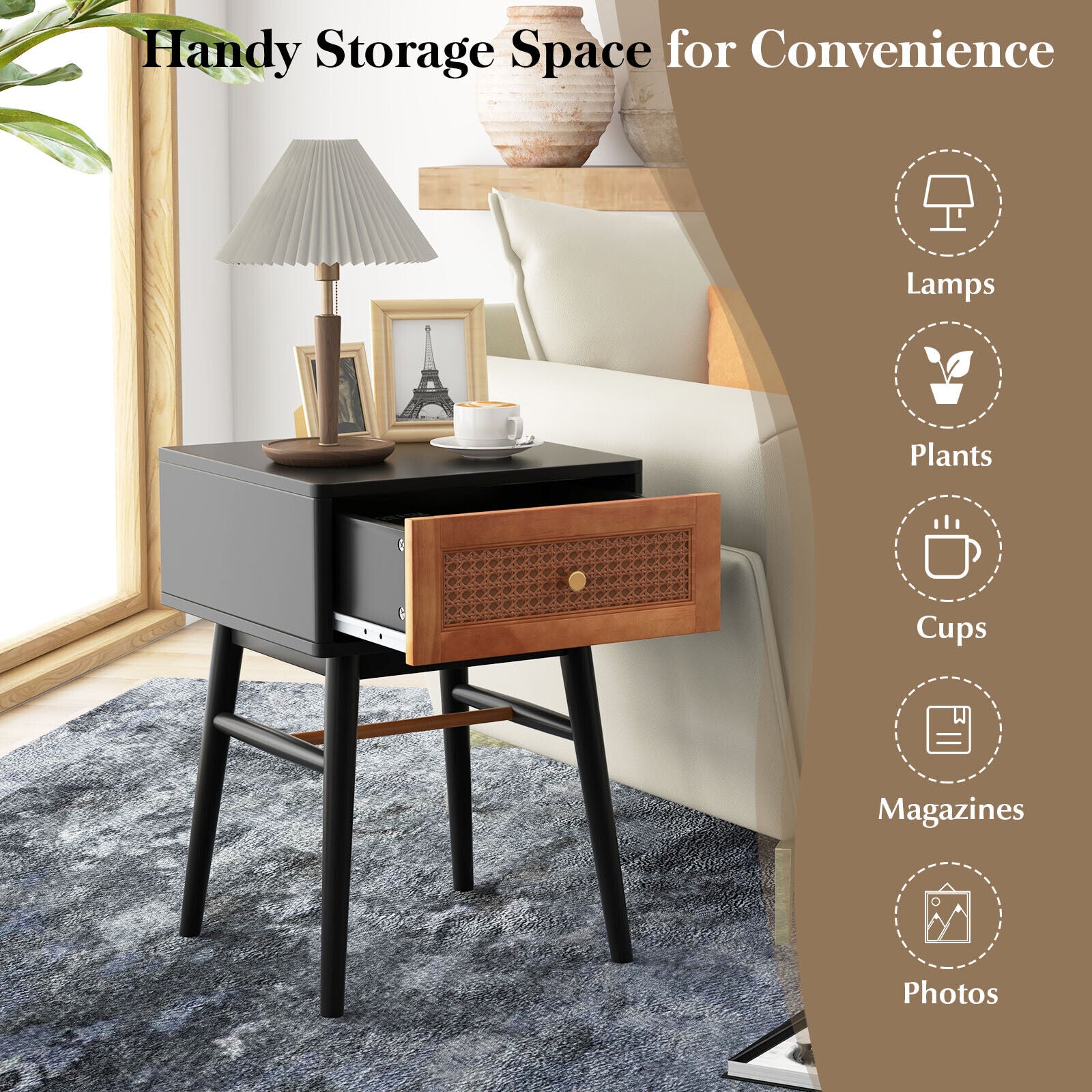 1-Drawer Modern Bedside Table with Solid Wood Legs-Black