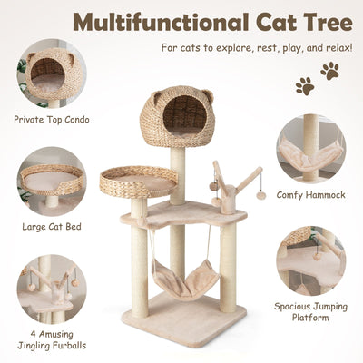 Multi-Level Cat Tree with Condo Hammock and Rotatable Hanging Balls-Natural
