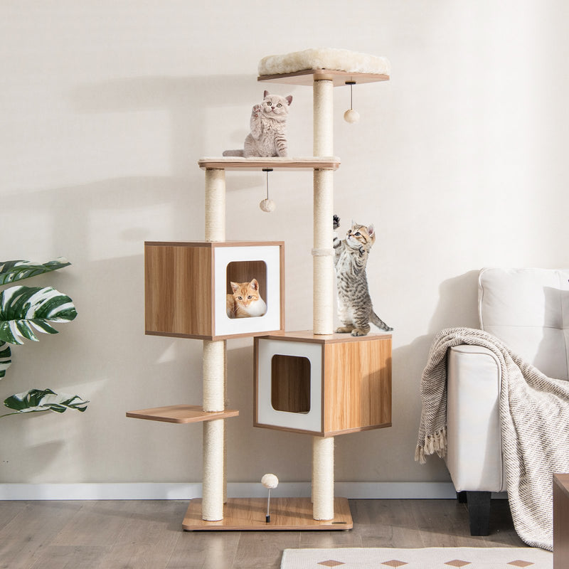 *Modern Wooden Cat Tree with Perch Condos and Washable Cushions - Natural