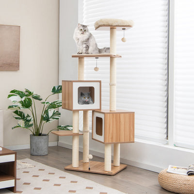 *Modern Wooden Cat Tree with Perch Condos and Washable Cushions - Natural