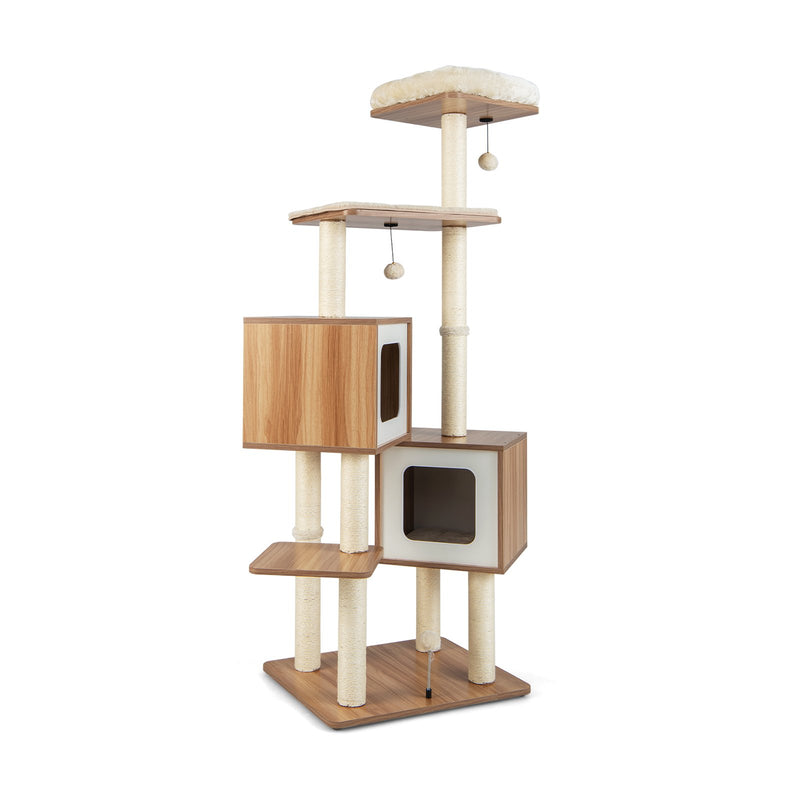 *Modern Wooden Cat Tree with Perch Condos and Washable Cushions - Natural