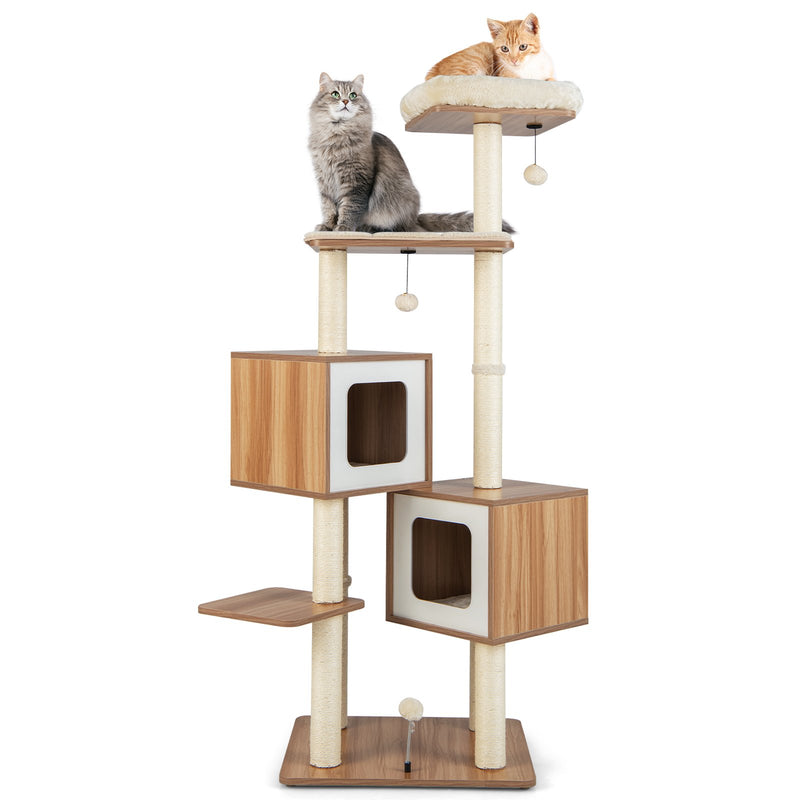 *Modern Wooden Cat Tree with Perch Condos and Washable Cushions - Natural