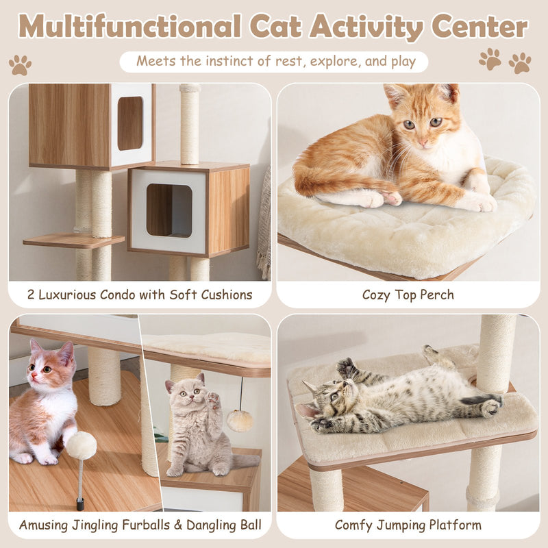 *Modern Wooden Cat Tree with Perch Condos and Washable Cushions - Natural
