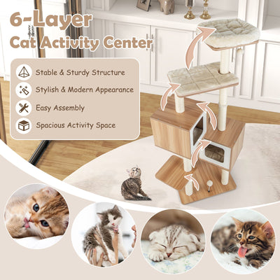 *Modern Wooden Cat Tree with Perch Condos and Washable Cushions - Natural