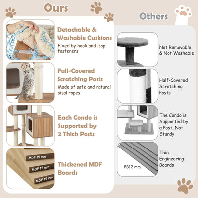 *Modern Wooden Cat Tree with Perch Condos and Washable Cushions - Natural