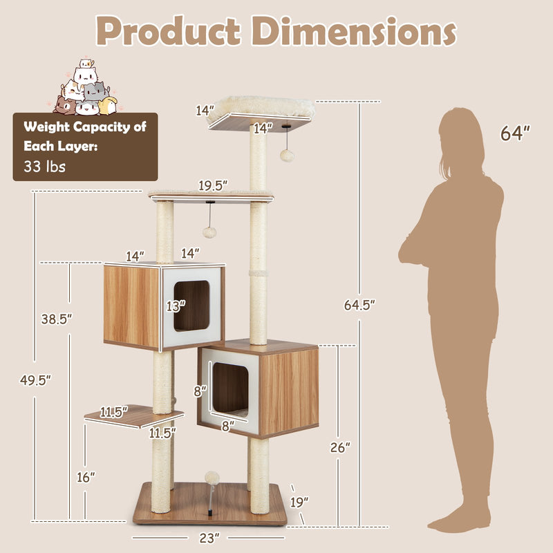 *Modern Wooden Cat Tree with Perch Condos and Washable Cushions - Natural