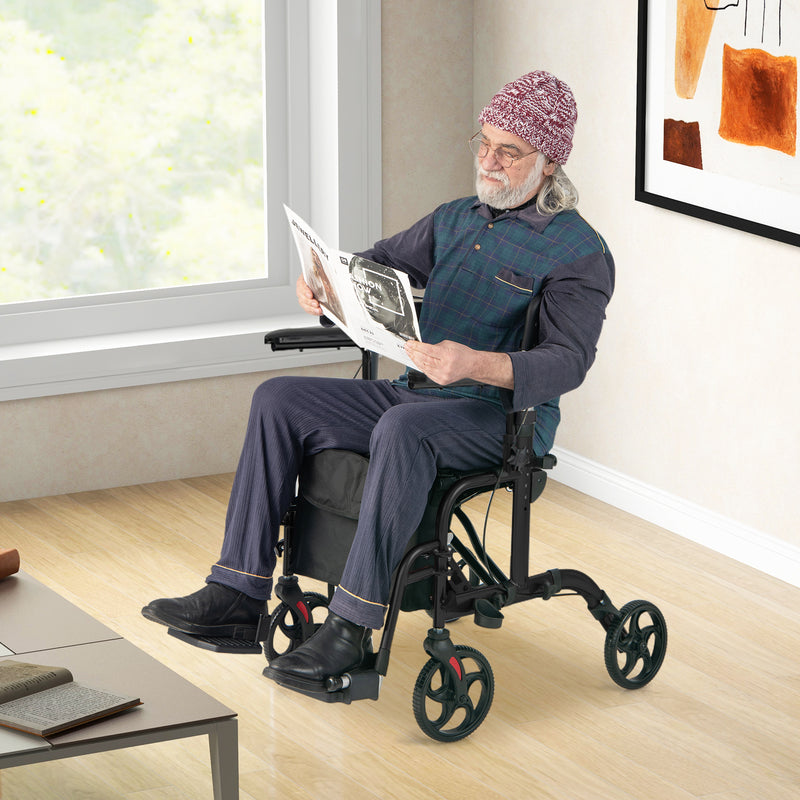 *2-in-1 Folding Rollator Walker with Adjustable Handles and Reversible Backrest - Black