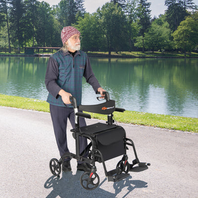 *2-in-1 Folding Rollator Walker with Adjustable Handles and Reversible Backrest - Black