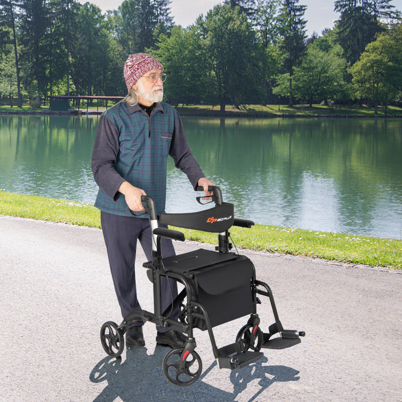 *2-in-1 Folding Rollator Walker with Adjustable Handles and Reversible Backrest - Black