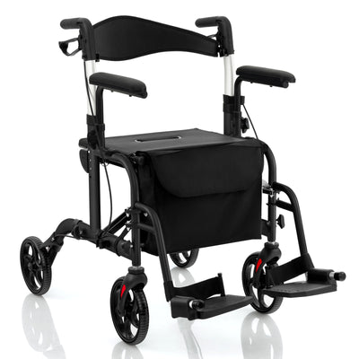 *2-in-1 Folding Rollator Walker with Adjustable Handles and Reversible Backrest - Black