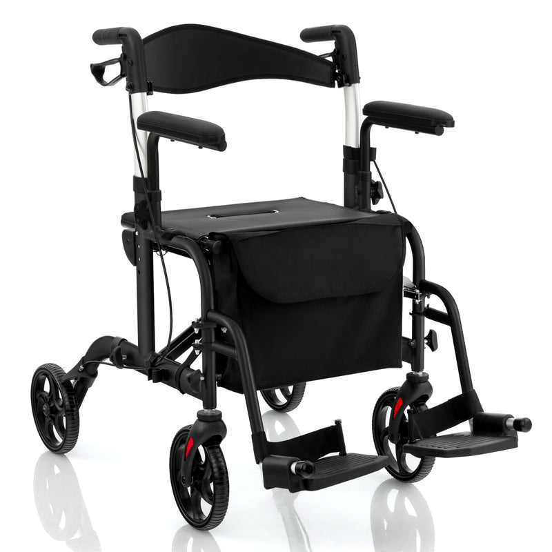 *2-in-1 Folding Rollator Walker with Adjustable Handles and Reversible Backrest - Black
