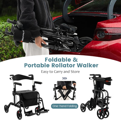 *2-in-1 Folding Rollator Walker with Adjustable Handles and Reversible Backrest - Black