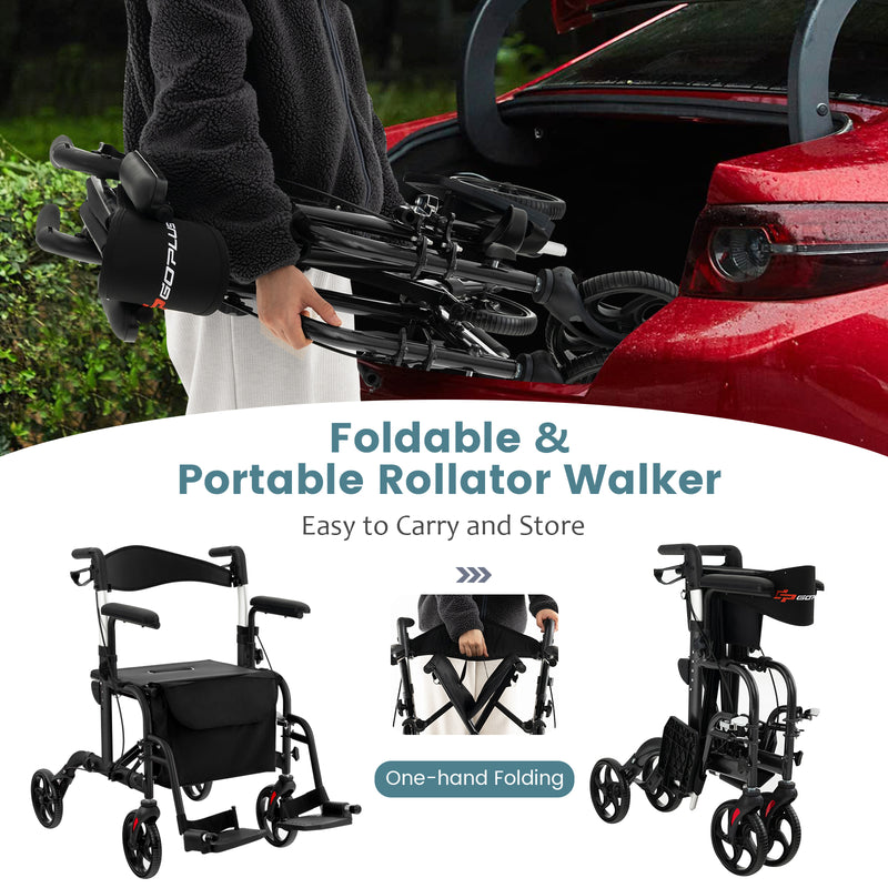 *2-in-1 Folding Rollator Walker with Adjustable Handles and Reversible Backrest - Black