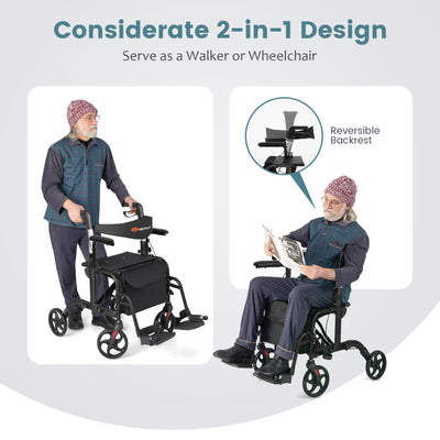*2-in-1 Folding Rollator Walker with Adjustable Handles and Reversible Backrest - Black