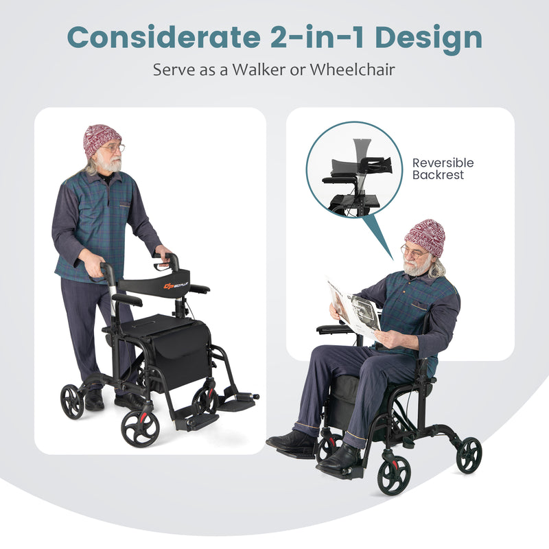 *2-in-1 Folding Rollator Walker with Adjustable Handles and Reversible Backrest - Black
