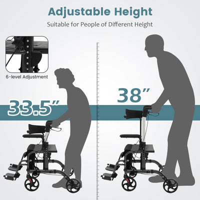 *2-in-1 Folding Rollator Walker with Adjustable Handles and Reversible Backrest - Black
