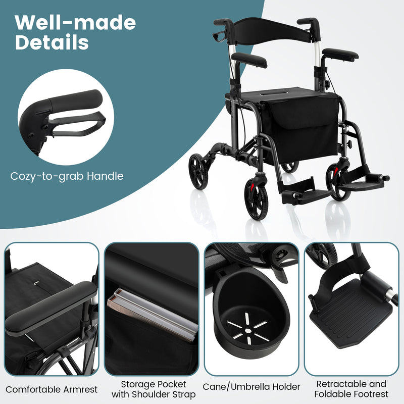 *2-in-1 Folding Rollator Walker with Adjustable Handles and Reversible Backrest - Black