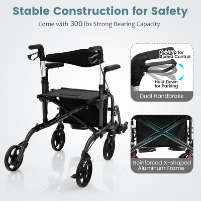 *2-in-1 Folding Rollator Walker with Adjustable Handles and Reversible Backrest - Black
