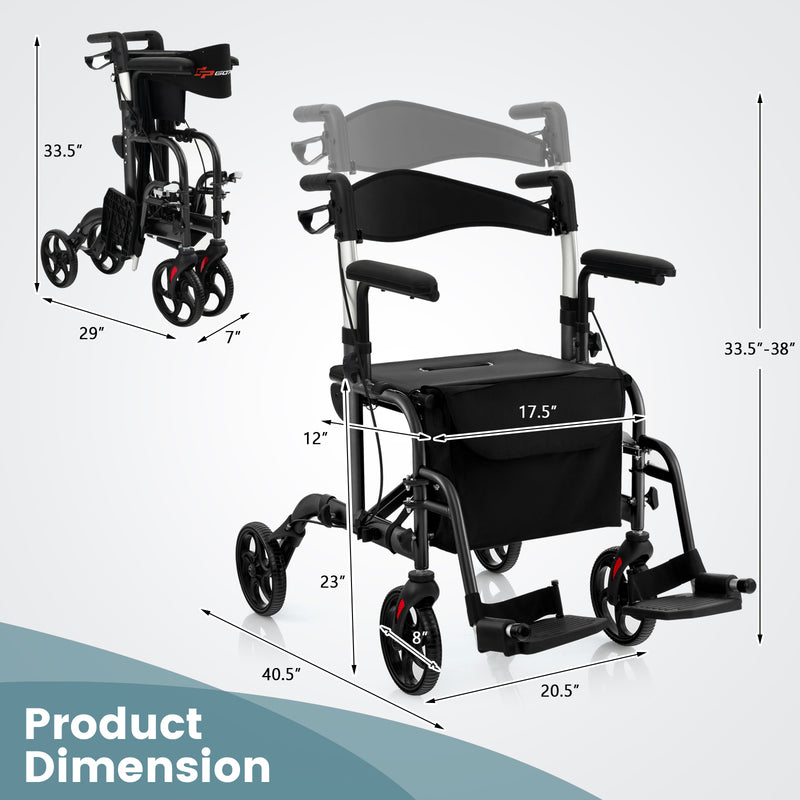 *2-in-1 Folding Rollator Walker with Adjustable Handles and Reversible Backrest - Black