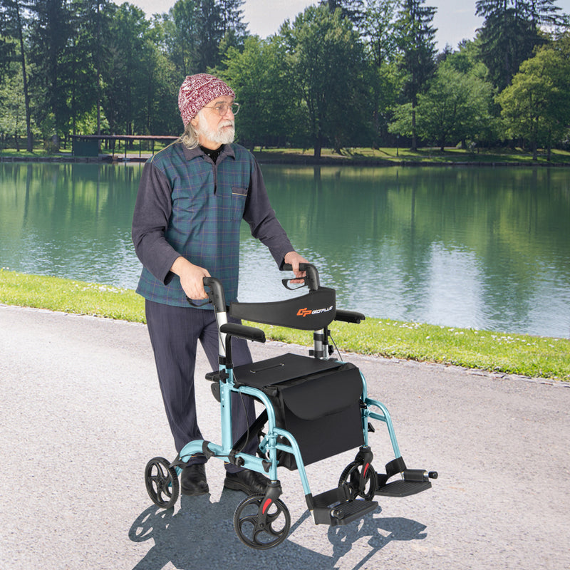 *2-in-1 Folding Rollator Walker with Adjustable Handles and Reversible Backrest - Navy