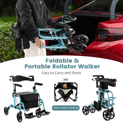 *2-in-1 Folding Rollator Walker with Adjustable Handles and Reversible Backrest - Navy