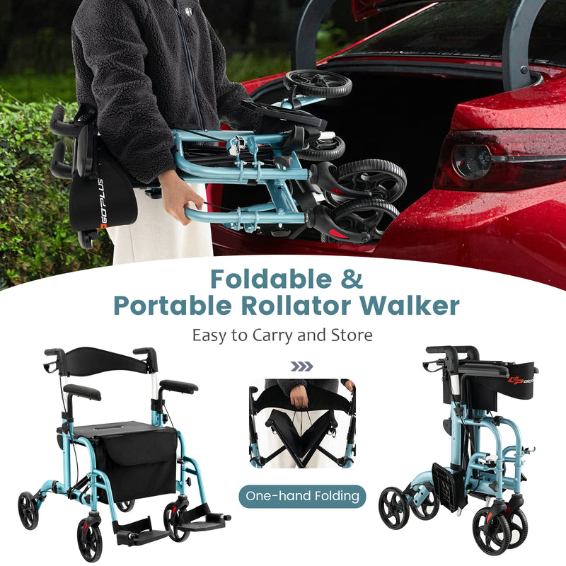 *2-in-1 Folding Rollator Walker with Adjustable Handles and Reversible Backrest - Navy