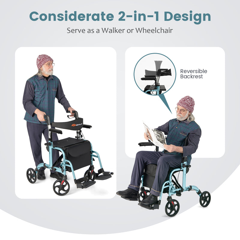 *2-in-1 Folding Rollator Walker with Adjustable Handles and Reversible Backrest - Navy