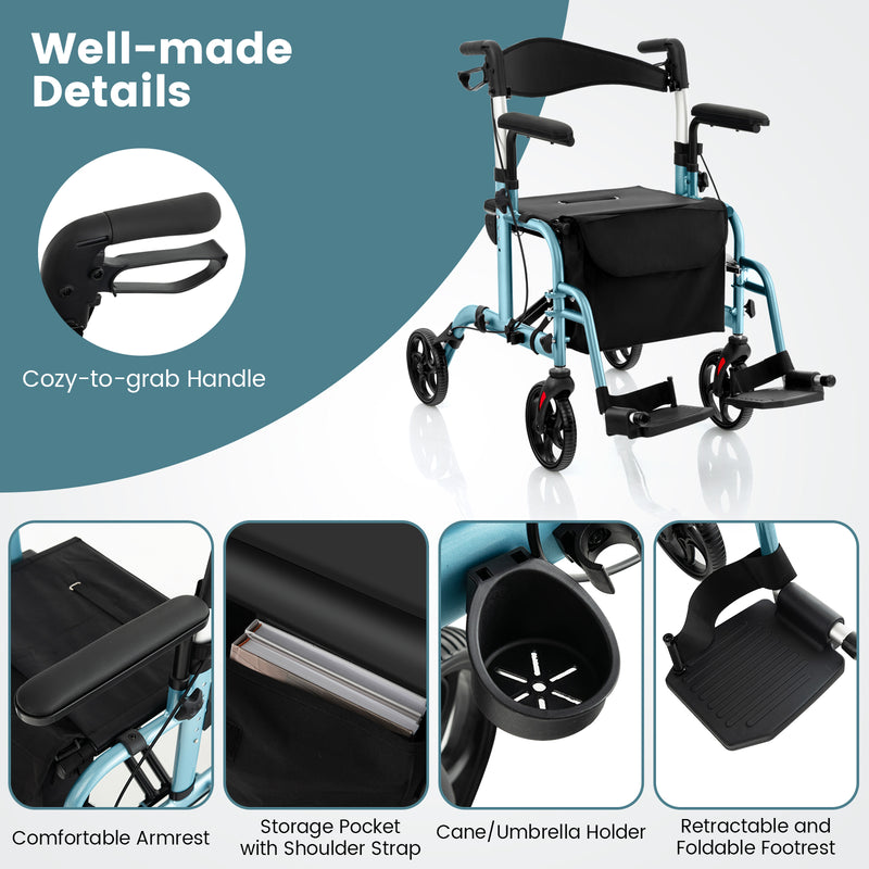*2-in-1 Folding Rollator Walker with Adjustable Handles and Reversible Backrest - Navy