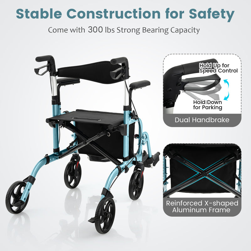 *2-in-1 Folding Rollator Walker with Adjustable Handles and Reversible Backrest - Navy