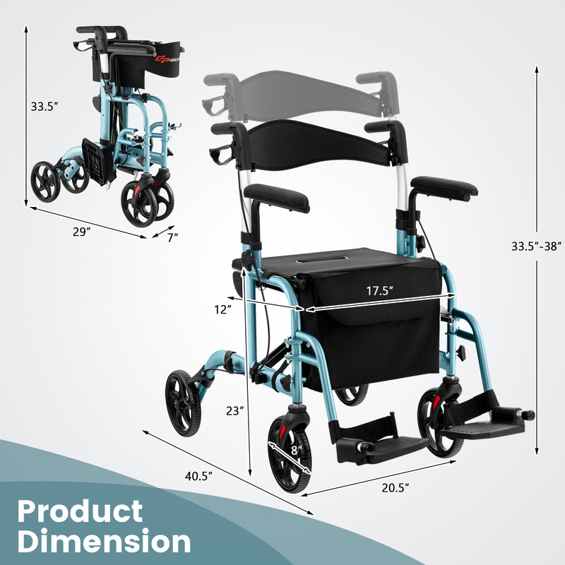 *2-in-1 Folding Rollator Walker with Adjustable Handles and Reversible Backrest - Navy