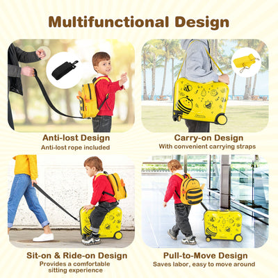 2 Pieces 18 Inch Ride-on Kids Luggage Set with Spinner Wheels and Bee Pattern-Yellow