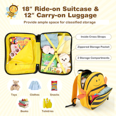 2 Pieces 18 Inch Ride-on Kids Luggage Set with Spinner Wheels and Bee Pattern-Yellow