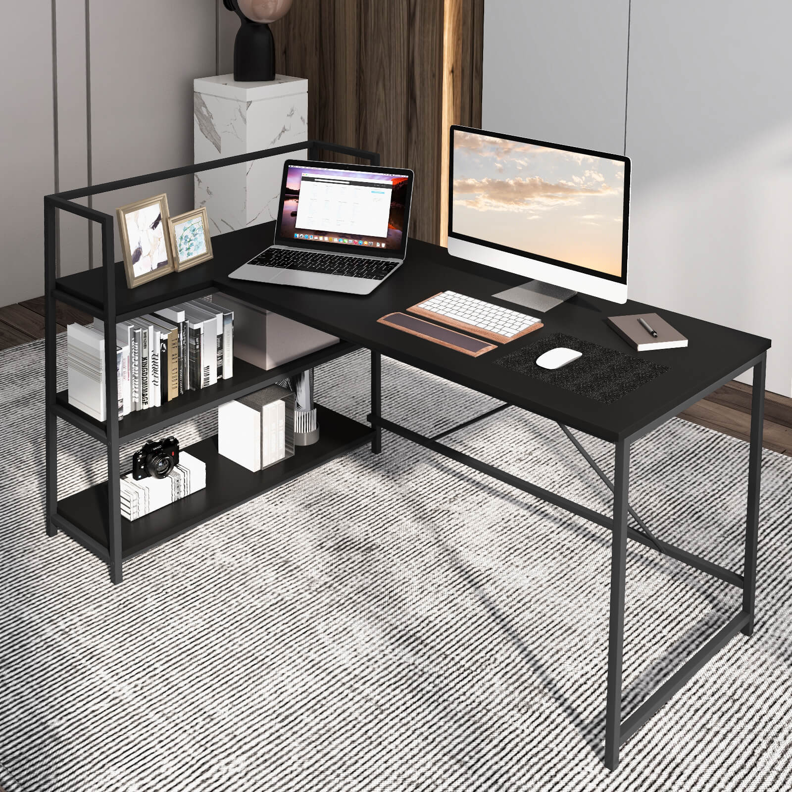 Reversible L Shaped Computer Corner Workstation with 3-Tier Open Shelf
