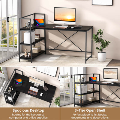 Reversible L Shaped Computer Corner Workstation with 3-Tier Open Shelf-Black