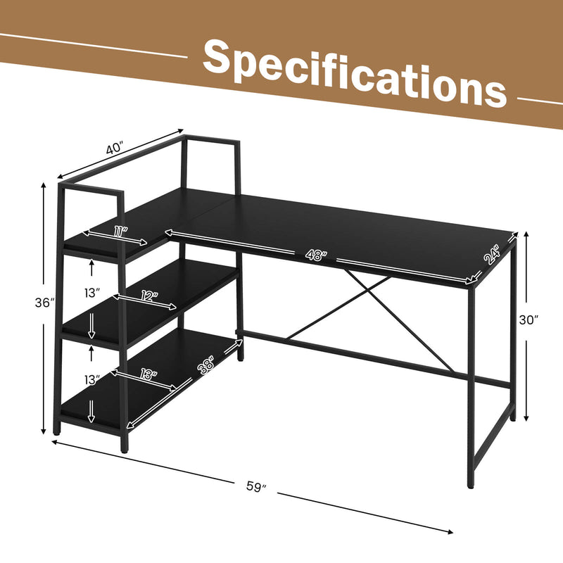 Reversible L Shaped Computer Corner Workstation with 3-Tier Open Shelf-Black