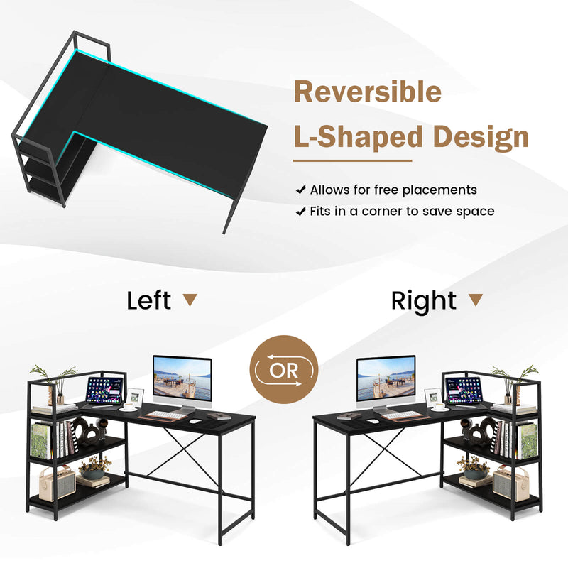 Reversible L Shaped Computer Corner Workstation with 3-Tier Open Shelf-Black