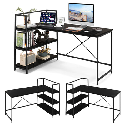 Reversible L Shaped Computer Corner Workstation with 3-Tier Open Shelf-Black