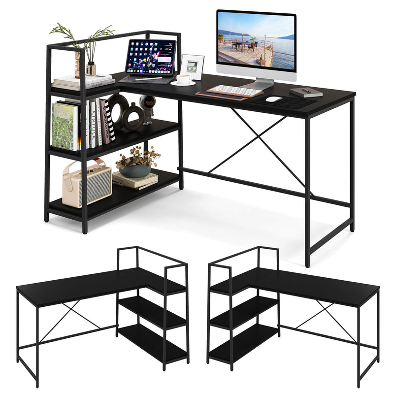 Reversible L Shaped Computer Corner Workstation with 3-Tier Open Shelf-Black