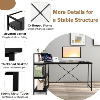 Reversible L Shaped Computer Corner Workstation with 3-Tier Open Shelf-Black