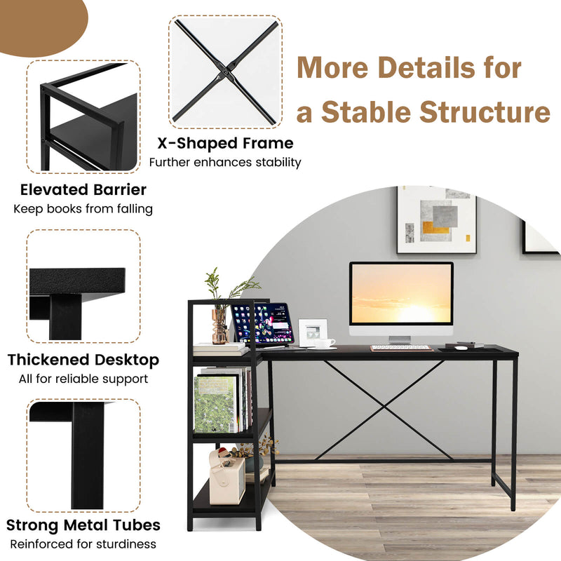 Reversible L Shaped Computer Corner Workstation with 3-Tier Open Shelf-Black