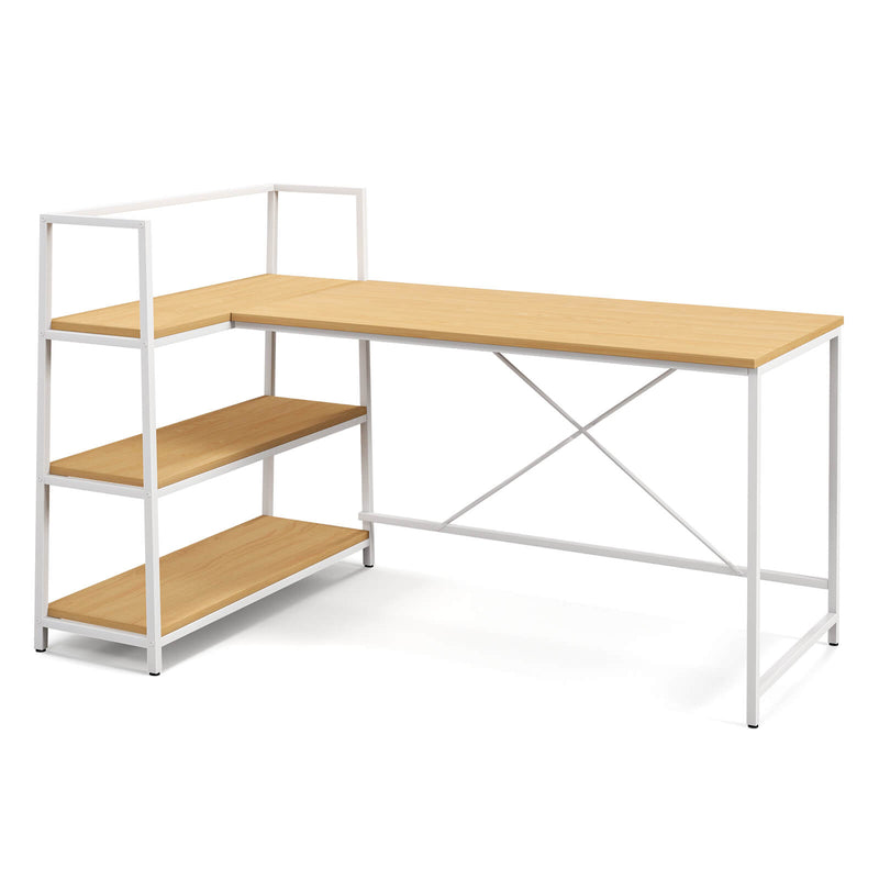 Reversible L Shaped Computer Corner Workstation with 3-Tier Open Shelf-Natural