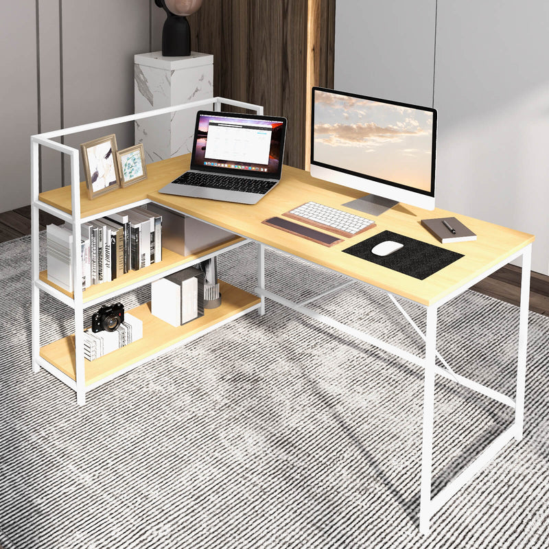 Reversible L Shaped Computer Corner Workstation with 3-Tier Open Shelf-Natural