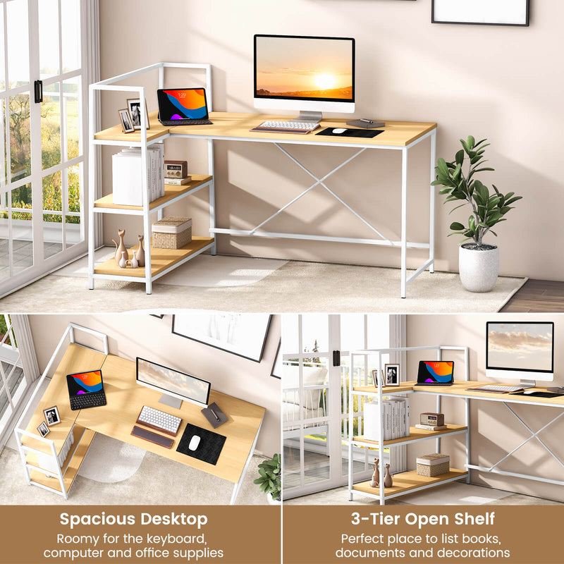 Reversible L Shaped Computer Corner Workstation with 3-Tier Open Shelf-Natural