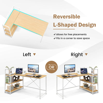Reversible L Shaped Computer Corner Workstation with 3-Tier Open Shelf-Natural