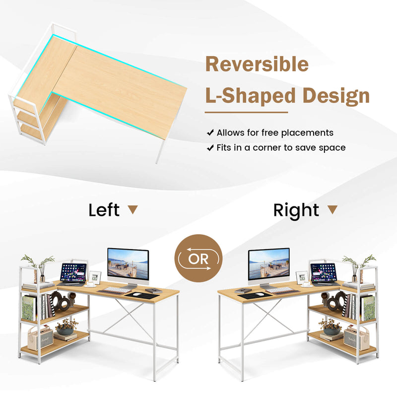 Reversible L Shaped Computer Corner Workstation with 3-Tier Open Shelf-Natural