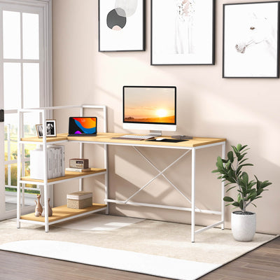 Reversible L Shaped Computer Corner Workstation with 3-Tier Open Shelf-Natural