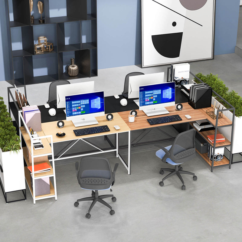 Reversible L Shaped Computer Corner Workstation with 3-Tier Open Shelf-Natural