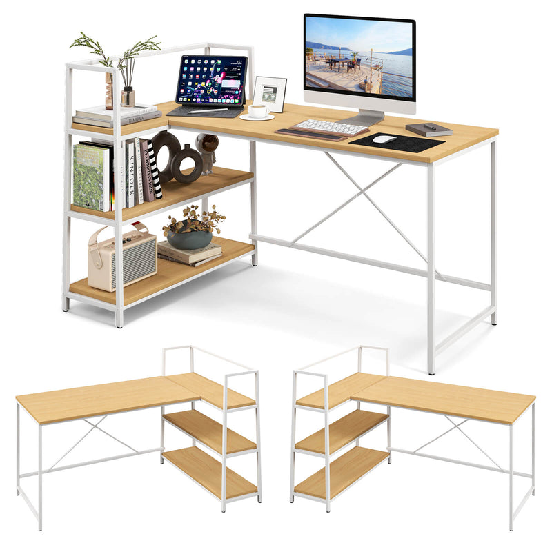 Reversible L Shaped Computer Corner Workstation with 3-Tier Open Shelf-Natural