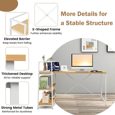 Reversible L Shaped Computer Corner Workstation with 3-Tier Open Shelf-Natural